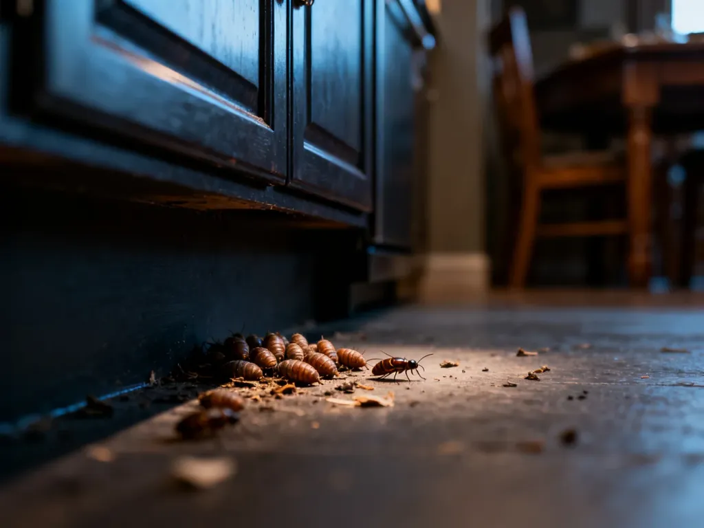 Zbliżenie na ciemny zakamarek za szafką kuchenną z widocznymi jajami prusaków i drobnymi zanieczyszczeniami.