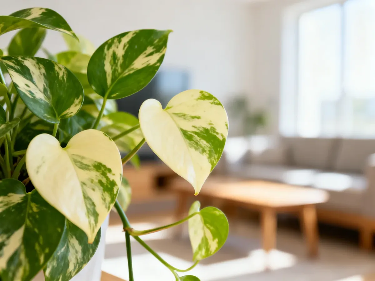 Zbliżenie na liście Epipremnum 'Happy Leaf' o kremowo-zielonym wybarwieniu w jasnym, słonecznym salonie.